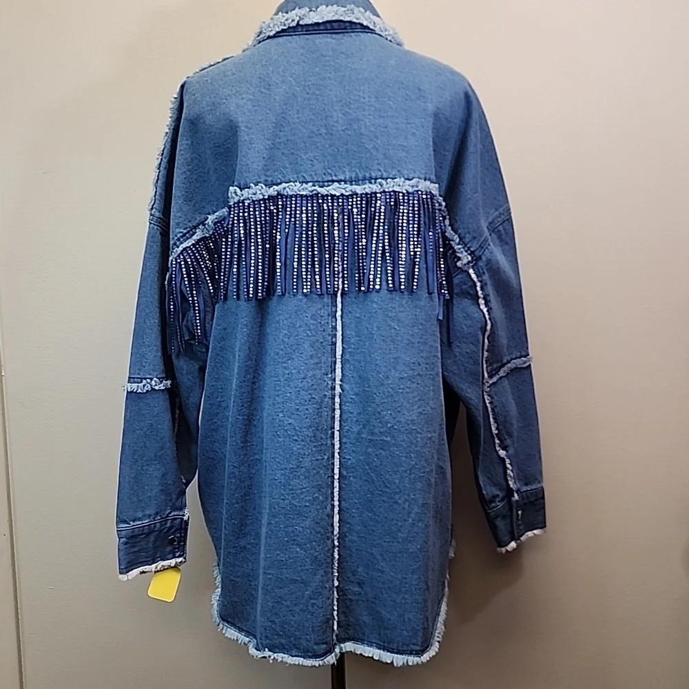 Arula Light Wash Fringe Denim Shacket Oversized Western Jacket Size 1X - Picture 4 of 8